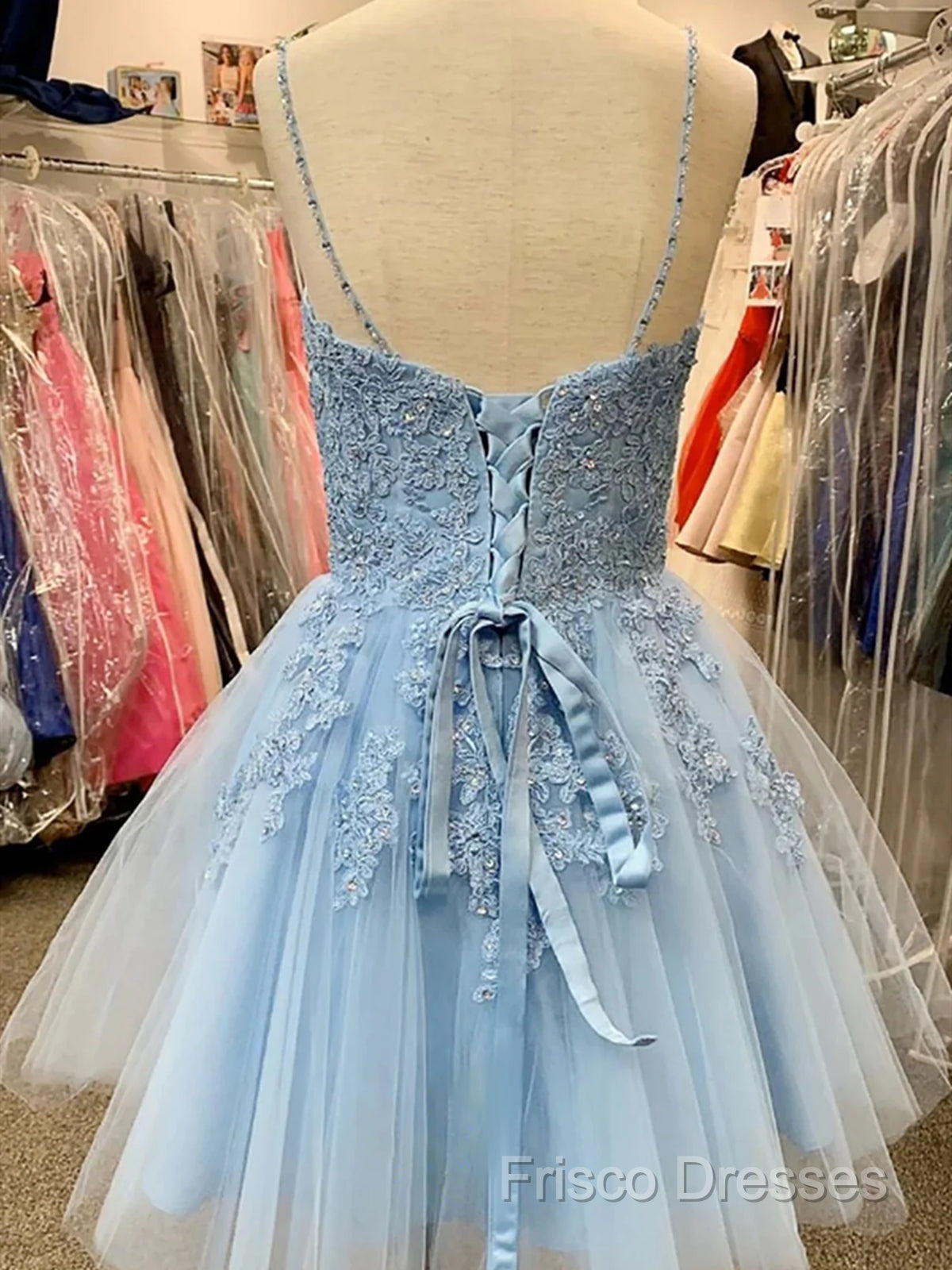 A Line V Neck Short Light Blue Lace Formal Prom Dress, Short Light Blue Lace Homecoming Dress Secondary image