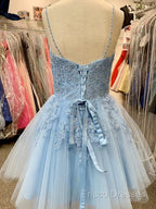A Line V Neck Short Light Blue Lace Formal Prom Dress, Short Light Blue Lace Homecoming Dress