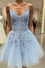 A Line V Neck Short Light Blue Lace Formal Prom Dress, Short Light Blue Lace Homecoming Dress