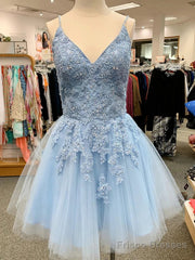 A Line V Neck Short Light Blue Lace Prom Dresses, Short Light Blue Lace Homecoming Dresses