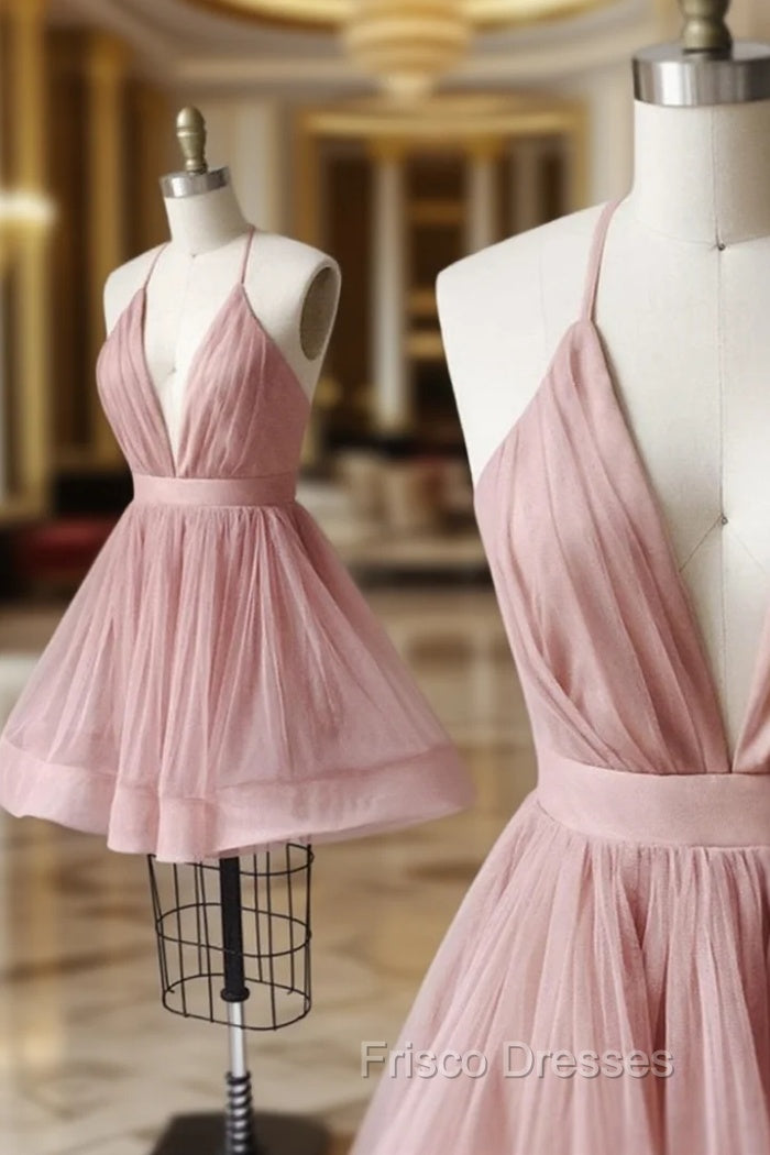 A Line V Neck Short Pink Formal Prom Dress, Short Pink V Neck Graduation Homecoming Dress Main image