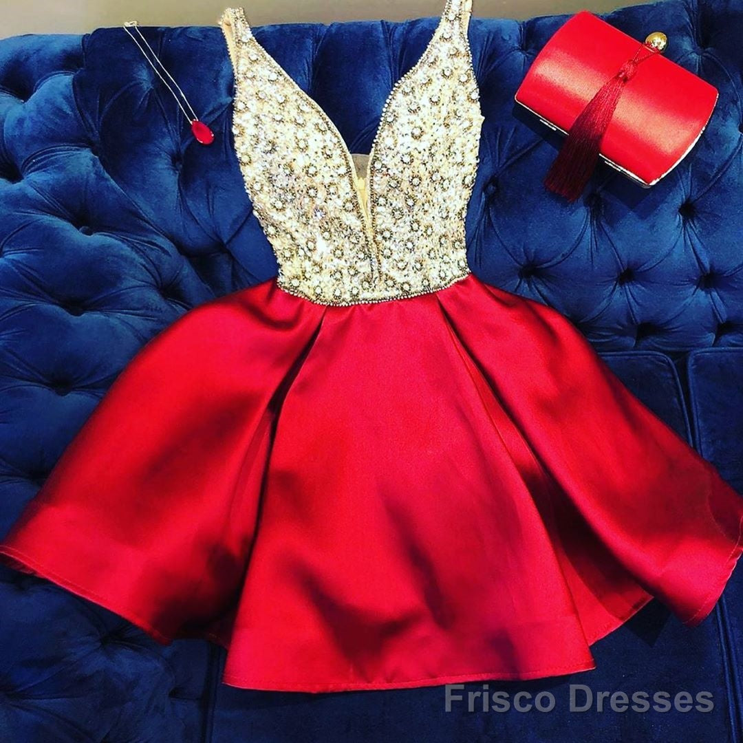 A Line V Neck Short Red Beaded Prom Dresses, Short Red V Neck Formal Homecoming Dresses Secondary image