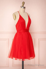 A Line V Neck Short Red/Burgundy Tulle Prom Dresses, Short Red/Burgundy Graduation Homecoming Dresses