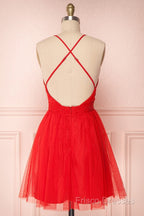 A Line V Neck Short Red/Burgundy Tulle Formal Prom Dress, Short Red/Burgundy Graduation Homecoming Dress