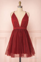 A Line V Neck Short Red/Burgundy Tulle Formal Prom Dress, Short Red/Burgundy Graduation Homecoming Dress