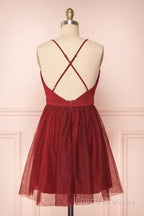 A Line V Neck Short Red/Burgundy Tulle Formal Prom Dress, Short Red/Burgundy Graduation Homecoming Dress