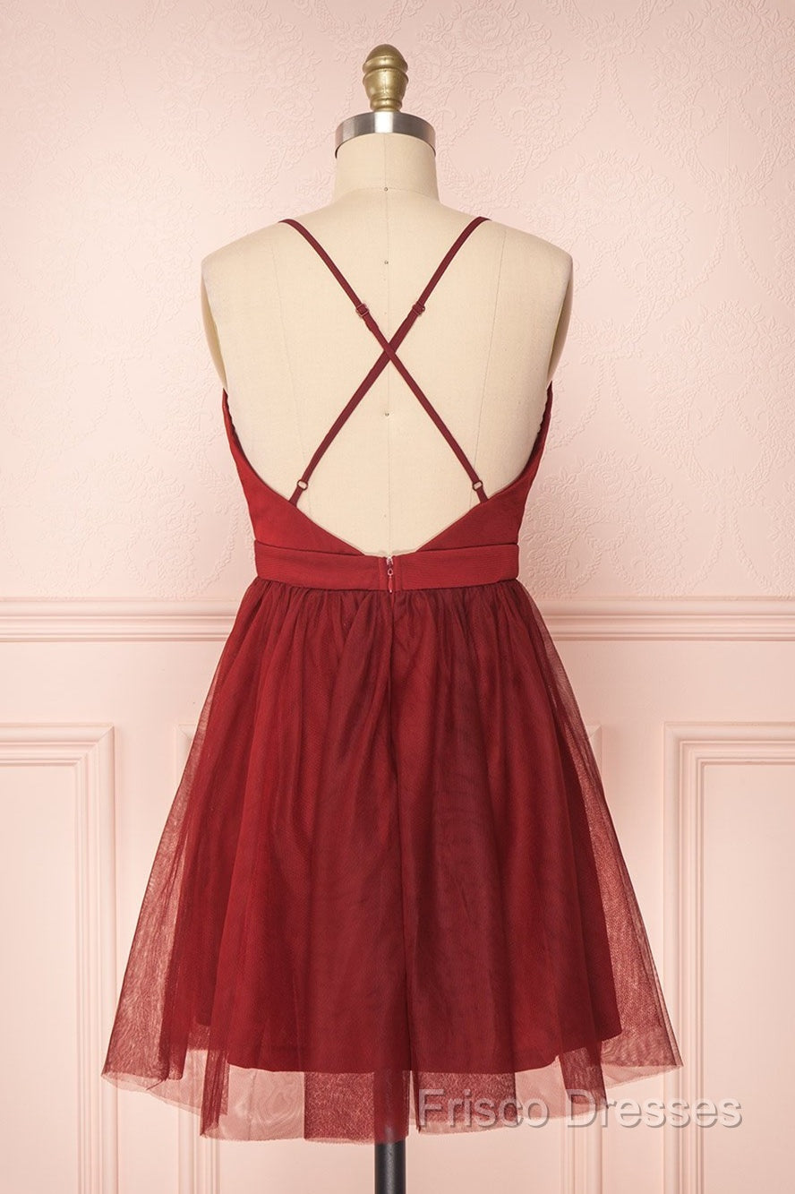 A Line V Neck Short Red/Burgundy Tulle Formal Prom Dress, Short Red/Burgundy Graduation Homecoming Dress