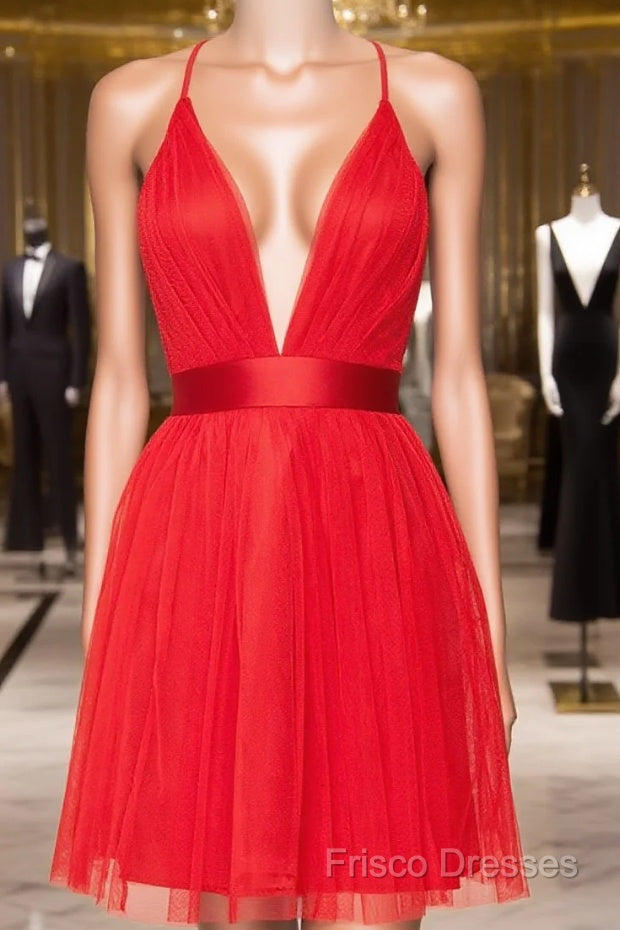 A Line V Neck Short Red/Burgundy Tulle Formal Prom Dress, Short Red/Burgundy Graduation Homecoming Dress Main image