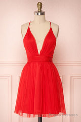 A Line V Neck Short Red/Burgundy Tulle Prom Dresses, Short Red/Burgundy Graduation Homecoming Dresses