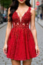 A Line V Neck Short Red Lace Formal Prom Dresses, Red Lace Formal Graduation Homecoming Dresses