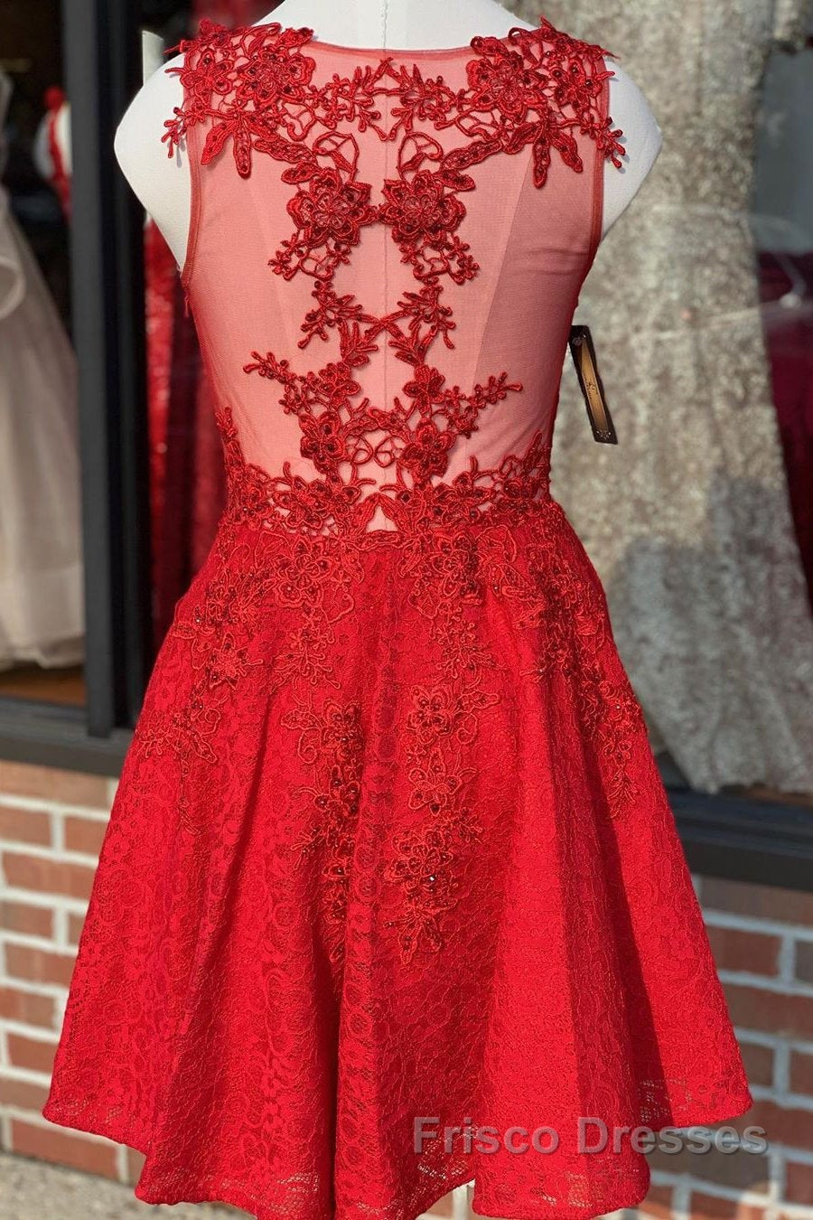 A Line V Neck Short Red Lace Formal Prom Dresses, Red Lace Formal Graduation Homecoming Dresses