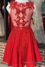 A Line V Neck Short Red Lace Formal Prom Dresses, Red Lace Formal Graduation Homecoming Dresses
