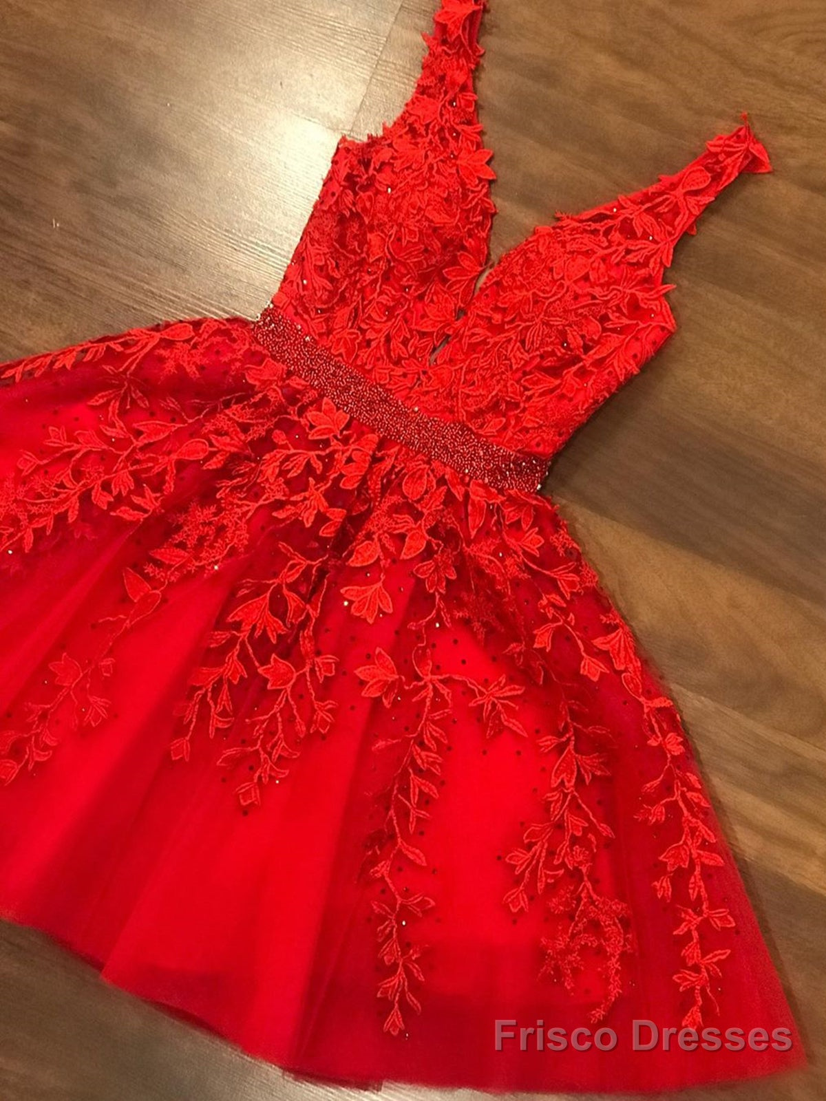 A Line V Neck Short Red Lace Prom Dresses, Short Red Lace Formal Graduation Homecoming Dresses Main image