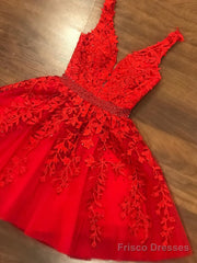 A Line V Neck Short Red Lace Prom Dresses, Short Red Lace Formal Graduation Homecoming Dresses