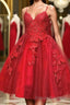 A Line V Neck Short Red Lace Formal Prom Dresses, Short Red Lace Formal Homecoming Dresses