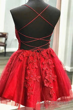A Line V Neck Short Red Lace Formal Prom Dresses, Short Red Lace Formal Homecoming Dresses