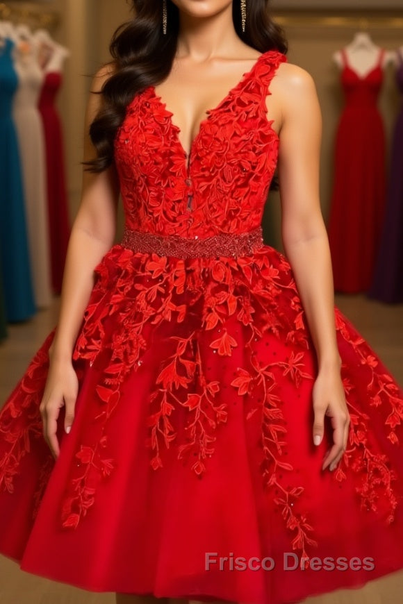 A Line V Neck Short Red Lace Formal Prom Dresses, Short Red Lace Formal Homecoming Dresses