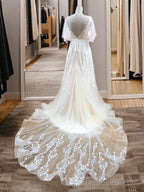 A-Line V-Neck Short Sleeves Appliques Lace Sweep Train Tulle Wedding Dress