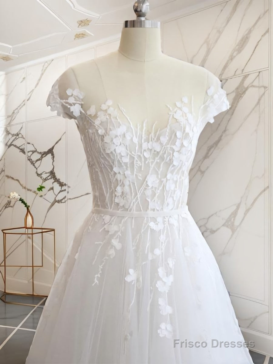 A-line V-neck Short Sleeves Hand-Made Flower Court Train Tulle Wedding Dress Secondary image