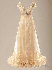 A-Line V-Neck Short Sleeves Sash/Ribbon/Belt Sweep Train Tulle Wedding Dress