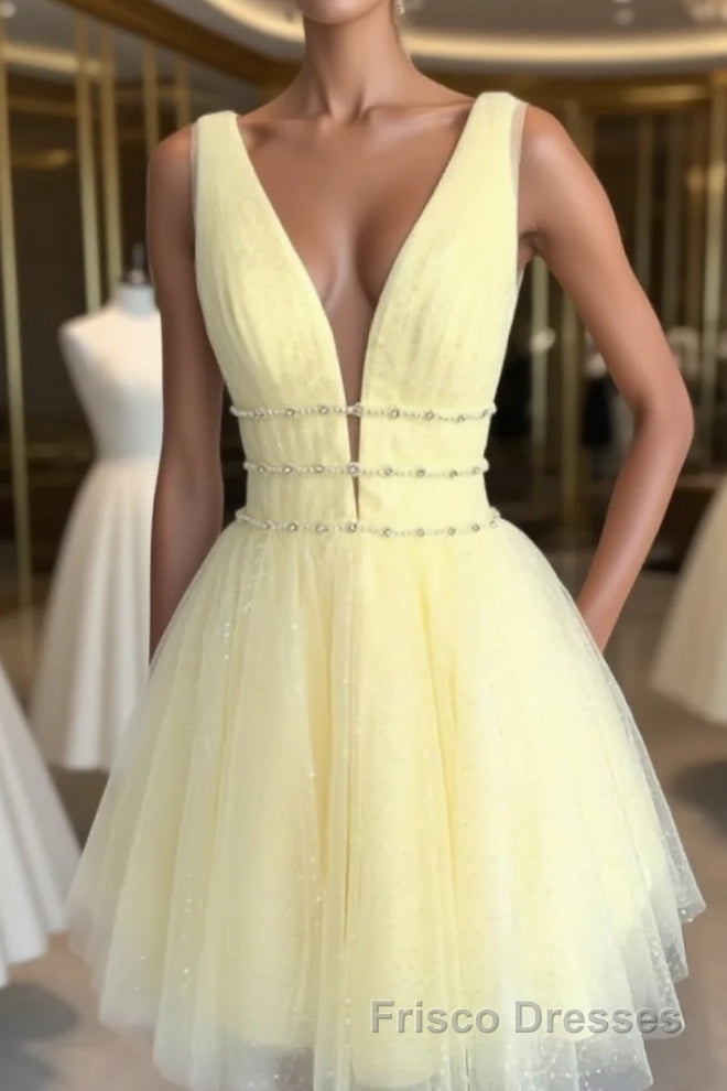 A Line V Neck Short Yellow Formal Prom Dresses, Short V Neck Yellow Formal Homecoming Dresses