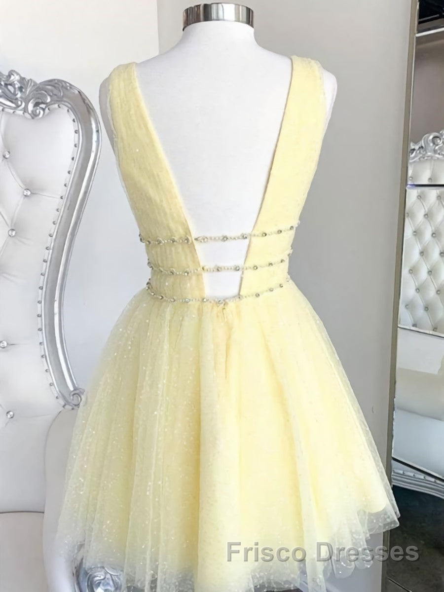 A Line V Neck Short Yellow Formal Prom Dresses, Short V Neck Yellow Formal Homecoming Dresses