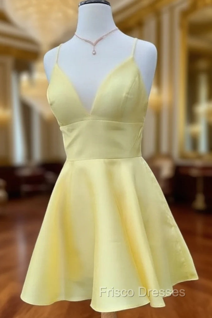 A Line V Neck Short Yellow Formal Prom Dress, Short Yellow V Neck Graduation Homecoming Dress