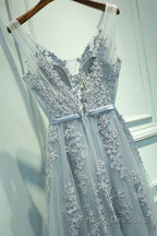 A Line V Neck Silver Gray Lace Formal Prom Dresses, Grey Lace Formal Evening Dresses