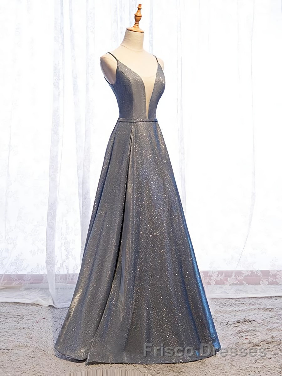 A Line V Neck Silver Gray Long Formal Prom Dresses, Gray Long Formal Evening Dresses