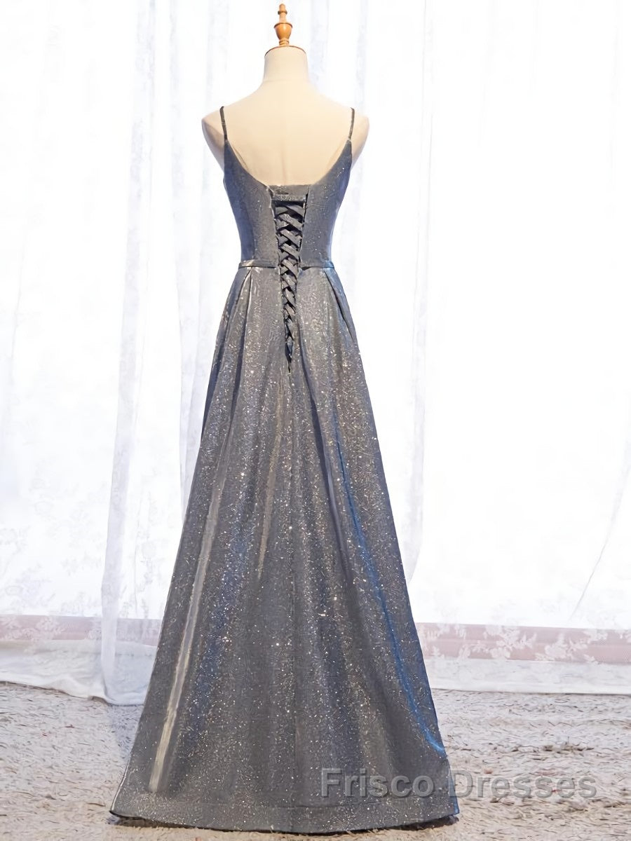 A Line V Neck Silver Gray Long Formal Prom Dresses, Gray Long Formal Evening Dresses