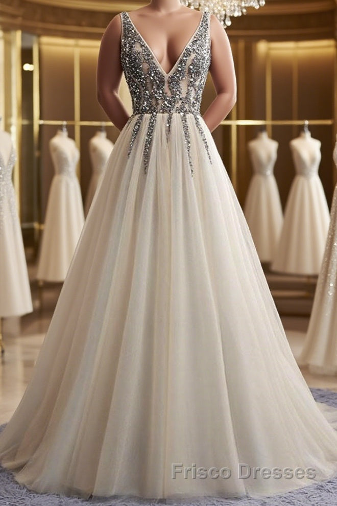 A Line V Neck Silver Gray Long Formal Prom Dresses, Silver Grey Beaded Long Formal Evening Dresses Main image