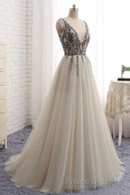 A Line V Neck Silver Gray Long Formal Prom Dresses, Silver Grey Beaded Long Formal Evening Dresses
