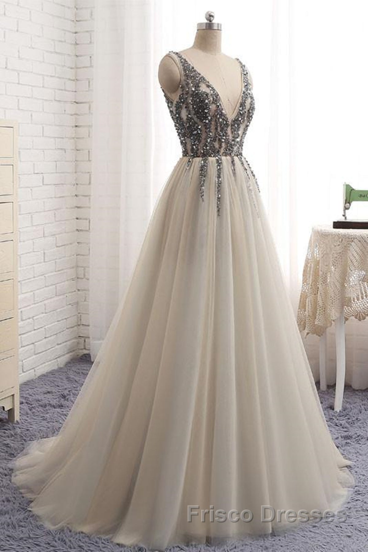 A Line V Neck Silver Gray Long Formal Prom Dresses, Silver Grey Beaded Long Formal Evening Dresses