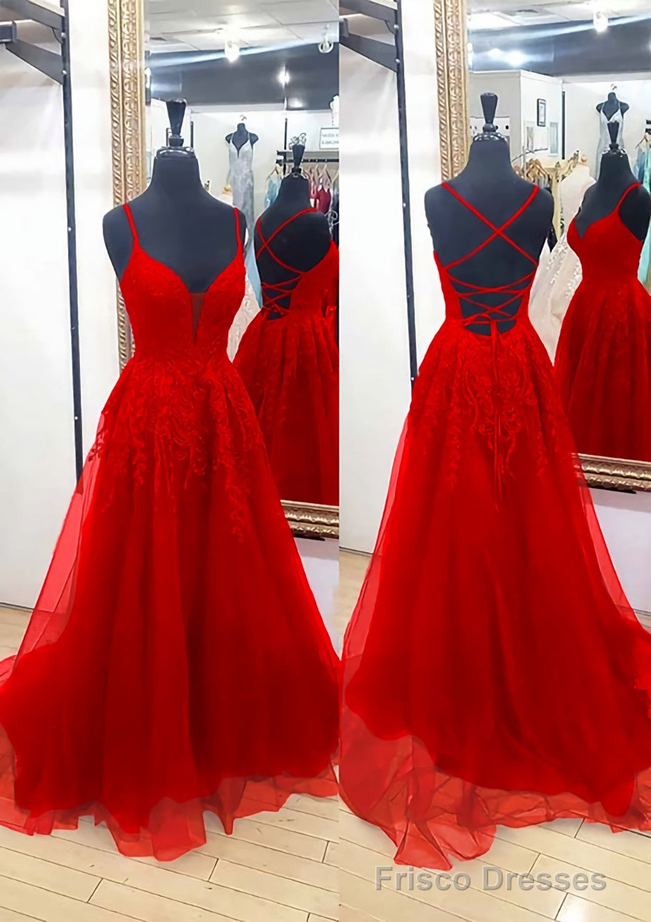 A-line V Neck Sleeveless Chapel Train Tulle Prom Dresses With Appliqued Lace