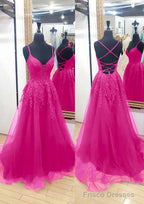 A-line V Neck Sleeveless Chapel Train Tulle Prom Dresses With Appliqued Lace