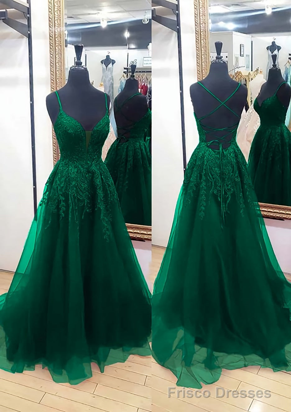A-line V Neck Sleeveless Chapel Train Tulle Prom Dresses With Appliqued Lace
