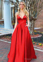 A-line V Neck Sleeveless Charmeuse Long/Floor-Length Prom Dresses With Pockets