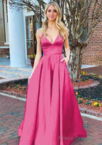 A-line V Neck Sleeveless Charmeuse Long/Floor-Length Prom Dresses With Pockets