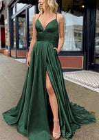 A-line V Neck Sleeveless Charmeuse Sweep Train Prom Dresses With Pockets