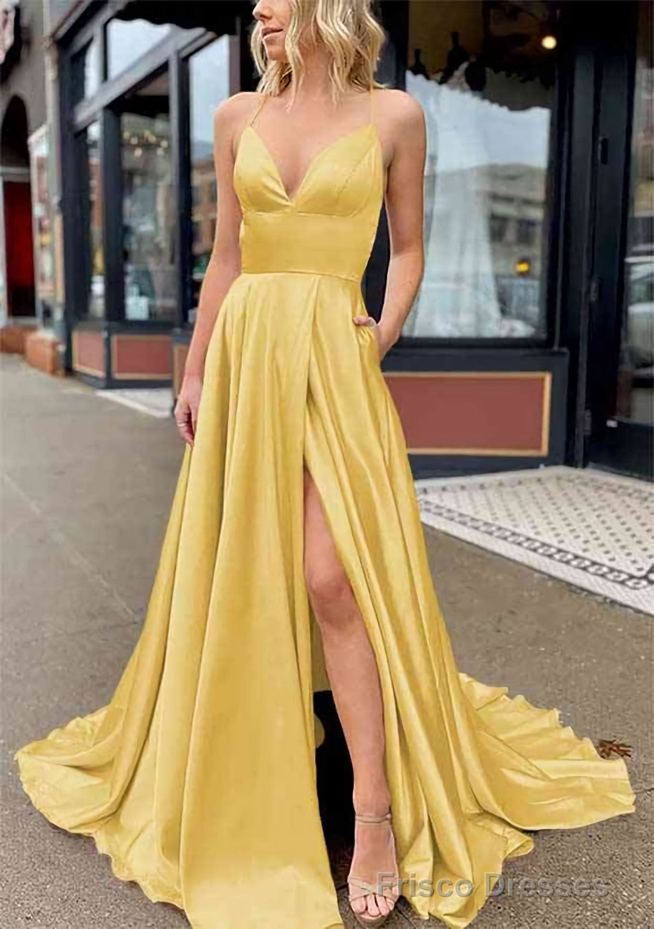 A-line V Neck Sleeveless Charmeuse Sweep Train Prom Dresses With Pockets