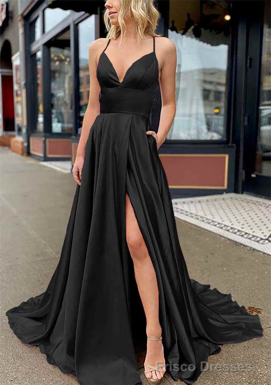 A-line V Neck Sleeveless Charmeuse Sweep Train Prom Dresses With Pockets