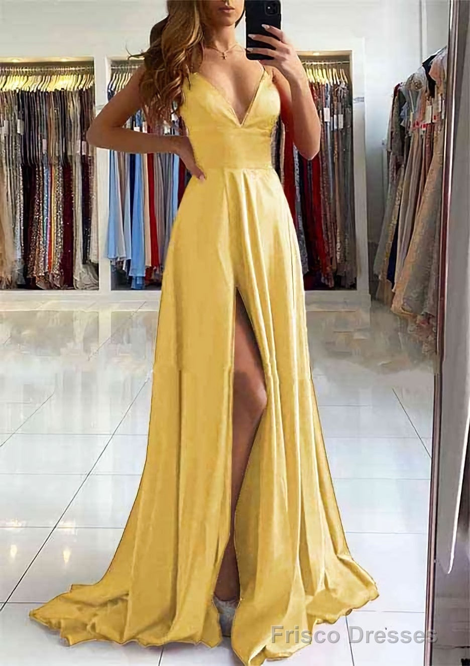 A-line V Neck Sleeveless Charmeuse Sweep Train Prom Dresses With Split