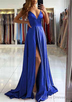A-line V Neck Sleeveless Charmeuse Sweep Train Prom Dresses With Split