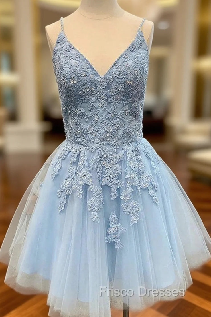 A-line V Neck Sleeveless Lace Tulle Satin Short/Mini Homecoming Dress With Appliqued Sequins Main image
