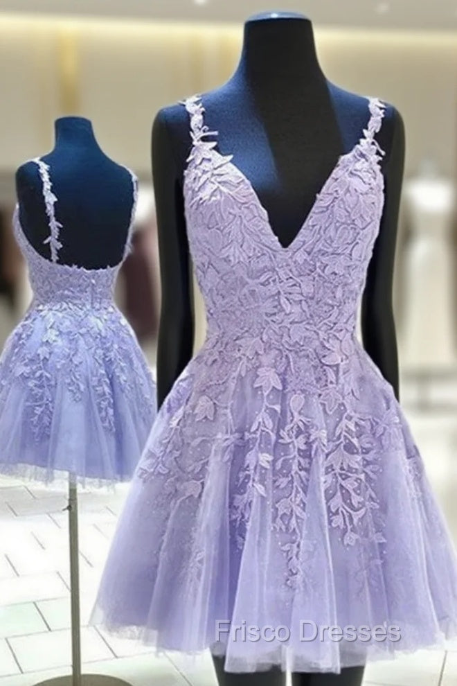A-line V Neck Sleeveless Lace Tulle Short/Mini Homecoming Dress With Appliqued Beading Main image