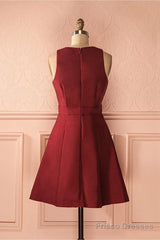 A-Line V-Neck Sleeveless Lace-Up Short Burgundy Satin Homecoming Dress