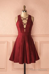 A-Line V-Neck Sleeveless Lace-Up Short Burgundy Satin Homecoming Dress