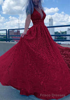 A-line V Neck Sleeveless Long/Floor-Length Lace Tulle Prom Dresses With Beading Sequins