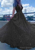 A-line V Neck Sleeveless Long/Floor-Length Lace Tulle Prom Dresses With Beading Sequins