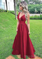 A-line V Neck Sleeveless Long/Floor-Length Satin Prom Dresses With Pleated